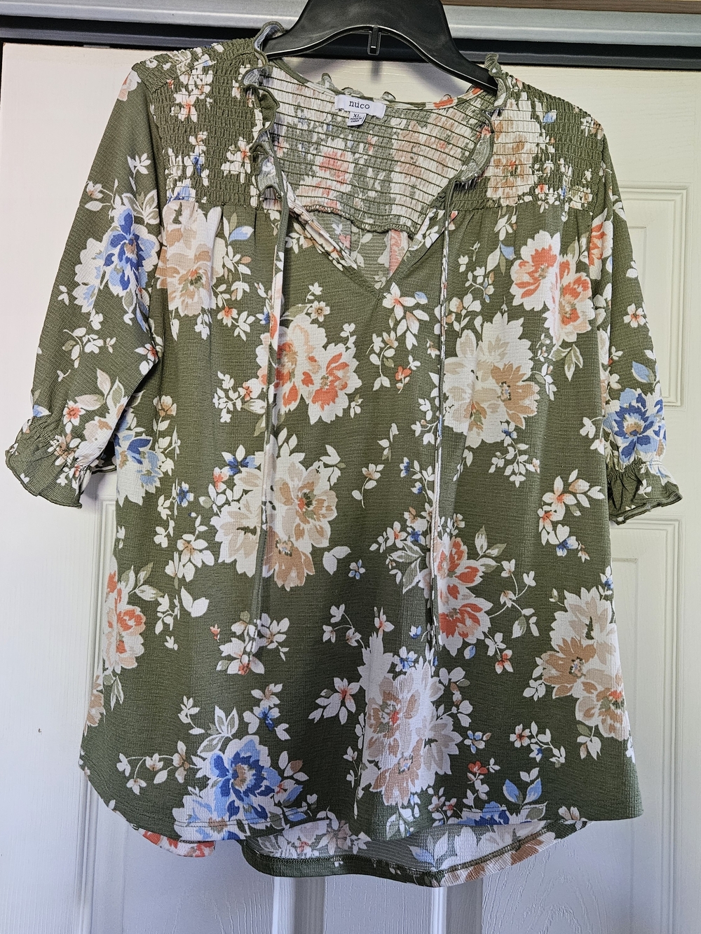 Olive Green Floral Tie-Neck Peasant Blouse